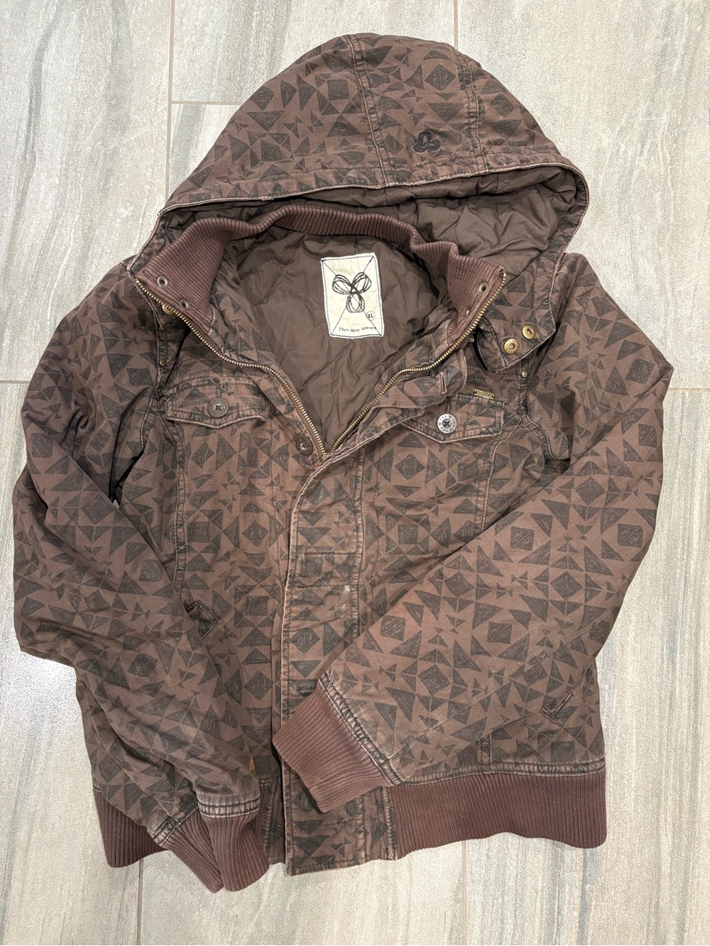 VTG Aritzia TNA Geometric Printed Utility Bomber Jacket Hooded Brown XL 2000s